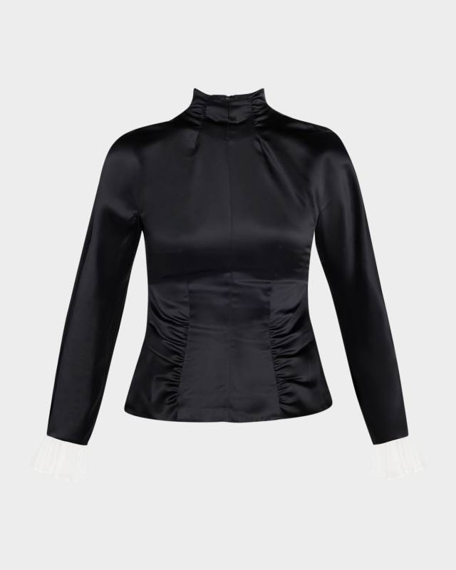 Ruched Satin Long-Sleeve Top